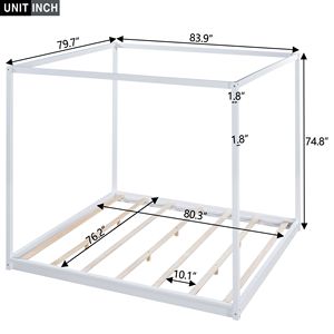 Lit plateforme à baldaquin blanc King Size avec pieds de support, literie rembourrée haut de gamme - Product Image 6