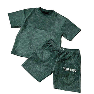 Ensembles de t-shirts personnalisés pour hommes avec logo, ensembles courts d'été 2 pièces avec strass, 100% coton French Terry respirant - Product Image 2