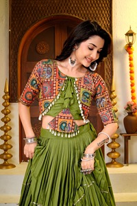 Green Embroidered <b>Lehenga</b> Set Pleated Skirt Traditional Indian Pakistani Wear <b>Women</b> Adult Size Floor-Length Cotton Party Quick - Product Image 3