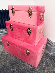 Fabric Storage <b>Boxes</b> Set of 2 Rectangular <b>Stacking</b> Trunks with Copper Hardware for Bedroom Use - Product Image 4