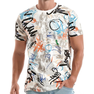 Men's Short Sleeve T-<b>Shirt</b> With Hand-Painted Graffiti Pattern O-Neck Regular Fit Casual Knitted Style - Product Image 1