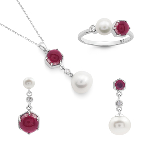 Wholesale Price Solid 925 Sterling <b>Silver</b> Natural Hexagon Ruby & Pearl Gemstone <b>Ring</b> Earrings And Pendant Necklace Fine Jewelry - Product Image 1