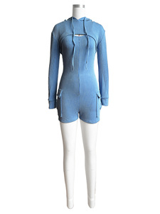 Ensemble 2 pièces côtelé à capuche pour femme, couleur unie, coupe sportive, manches longues, longueur au-dessus du genou, en Spandex et Polyester - Product Image 6