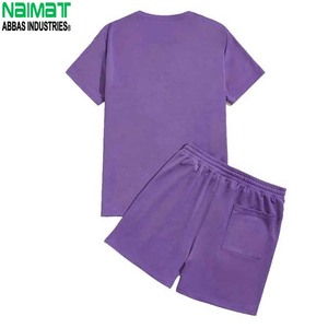 Conjunto de Camiseta de Algodón Morado para Hombre, Cuello Redondo, Tejido de Punto, Color Sólido, Informal, para Verano, Manga Corta, Pantalones Cortos - Product Image 1