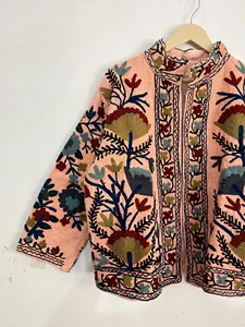 <b>Women</b> Boho <b>Light</b> Pink Suzani Embroidered Cotton <b>Jacket</b> Stand Collar Floral Handwork Ethnic Short Coat Vintage Style Outerwear - Product Image 2