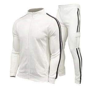 Men's <b>White</b> Tracksuit Full Zip <b>Jacket</b> And Pants Set With Black Stripes Sporty Casual Wear Breathable Polyester Material Spring - Product Image 1
