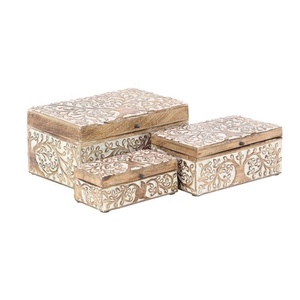 Hot selling Mango Wood Hand carving Boxes set of 3 assorted Design best quality white wash finish