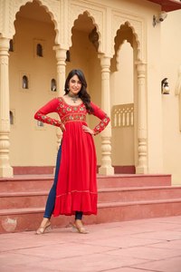 Red Blue Embroidered Casual Wear India Pakistan Style Women Party Wear Designer <b>Kurti</b> Collection Rayon Kutchi Gamthi Work <b>Kurti</b> - Product Image 2