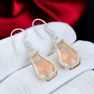 Boucles d'oreilles pendantes en Morganite, argent sterling 925, faites à la main, style bohème, pierres précieuses, rose pêche, bijoux tendance, cadeau pour femme - Product Image 2
