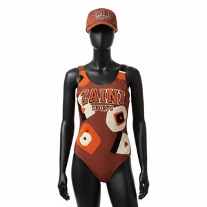 Traje de Baño Deportivo de Una Pieza para Mujer, Tejido Elástico Grueso de Poliéster y Spandex, Paneles Marrón y Naranja, Logotipo Personalizado - Product Image 1