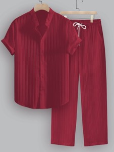 Men's Striped Satin Short Sleeve Shirt and <b>Pants</b> Set Turn-<b>down</b> Collar Breathable Summer Casual Wear - Product Image 5
