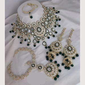 Gold Plated Kundan <b>Beads</b> Semi-Bridal Necklace <b>Set</b> with Natural Stone-Fine Jewelry - Product Image 1
