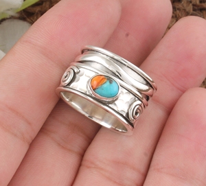 Wholesale Spiny Oyster Turquoise <b>Spinner</b> <b>Ring</b> 925 Sterling <b>Silver</b> Wide Band Swirl Filigree Meditation for Women Party Classic - Product Image 2