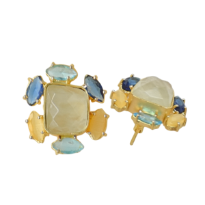 Boucles d'oreilles clous en pierre de Prehnite, laiton plaqué or 18 carats, géométriques, tendance, classiques, pour soirée, sertissage clos, vente en gros - Product Image 6