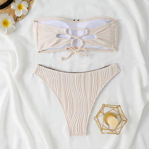 Women's <b>White</b> Ruched Bandeau <b>Bikini</b> <b>Set</b> 2 Piece Solid Stretch Swimwear Hipster Bottoms - Product Image 6