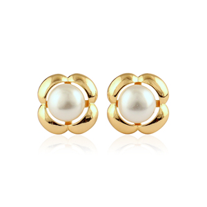 Women's 18k gold plated floral stud <b>earring</b> new style roundel white pearl luxury design small stud everyday wear fashion jewelry - Product Image 1