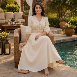เดรสยาวผ้าฝ้ายปักลายครีมสำหรับผู้หญิง คอวี แขนสามส่วน ทรงหลวม สวมใส่สบายๆ แบบเรียบร้อย เหมาะสำหรับใส่ทุกวัน สไตล์ชาติพันธุ์อินเดีย ปากีสถาน - Product Image 3