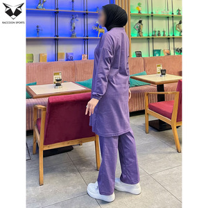 Lavender <b>Modest</b> Knit Tracksuit Women Plain Longline Sweatshirt and Trousers <b>Set</b> Soft Cotton Islamic Activewear - Product Image 6
