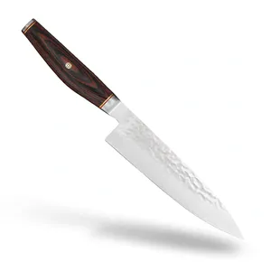Couteau de chef de 6 pouces, manche en bois brun, lame martelée argentée, couverts de cuisine pour hacher les légumes, trancher les fruits, préparer les aliments - Product Image 1