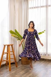 Robe midi à imprimé floral, col carré, manches 3/4, coupe évasée, tissée, décontractée, été, pour femme, respirante, coupe ample, avec poche, élégante - Product Image 4
