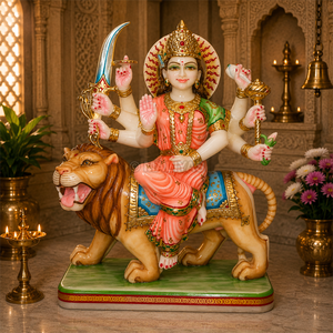 Indian Marble Durga Statue on Lion | Handcrafted Maa Durga Murti with Coral Attire, Golden Crown and Divine Weapons by MALIYAS - Product Image 3