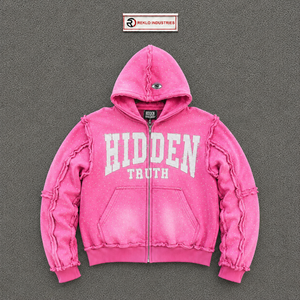 Sudadera con capucha rosa con cremallera CASUAL HIDDEN TRUTH para hombre, corte holgado, forro polar oversize, ropa casual de otoño, moda urbana oversize - Product Image 5