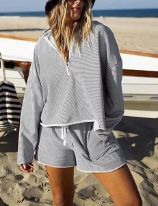Pull en maille rayé demi-zippé pour femme, à manches longues, décontracté, respirant, en coton et fibre de bambou, style automne - Product Image 5