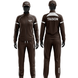 Women <b>Cricket</b> Tracksuit Premium 220 GSM Polyester Interlock Brown <b>White</b> Piping Panel Design Custom Logo Print Embroidery - Product Image 1