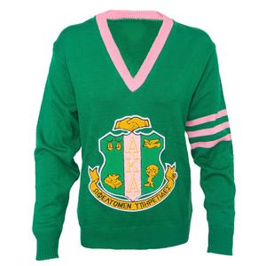 Pull en maille vert col V avec broderie de blason et bordure rose, manches longues, style universitaire décontracté pour femme, poignets côtelés, doux - Product Image 1