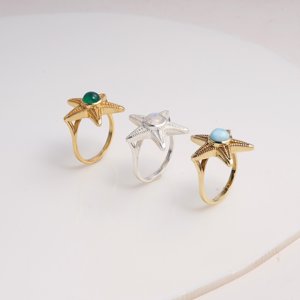 Anillo de Estrella de Mar de Latón con Cabujón de Larimar, Ajustable, Inspirado en el Océano, Anillos Modernos de Piedras Preciosas Naturales Hechos a Mano, Joyería para Mujer - Product Image 3