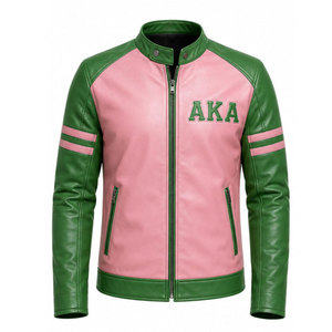 Chaqueta de Cuero Estilo Bomber Bordada Alpha Kppa Alpha AKA en Rosa y Verde para Hombre, Estilo Motociclista con Cierre de Cremallera y Cuello Alto - Product Image 3