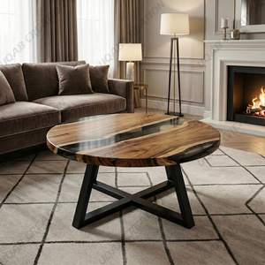 Table basse ronde en bois et résine moderne rustique, résine époxy noire transparente - Product Image 4