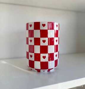 Red White Checkered Heart Pattern Ceramic Coffee <b>Mug</b> Retro Design Dishwasher Safe Home Use - Product Image 5