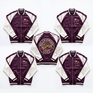 Blouson Bomber en Satin Zippé à Manches Raglan avec Broderie Graphique 'Plum Gold Apiary Inspectors Guild' au Dos, Vêtement d'extérieur de style universitaire, Vente en gros - Product Image 2