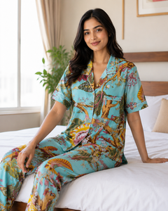 Ensemble de pyjama en coton imprimé floral pour femmes, ensemble de pyjama bleu imprimé de qualité supérieure, vêtements de nuit à manches courtes et boutonnés - Product Image 5