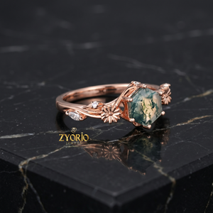 Anillo de Compromiso de Oro de 14K con Ágata Musgosa Hexagonal, Anillo Nupcial con Diseño Floral de Margarita - Product Image 2