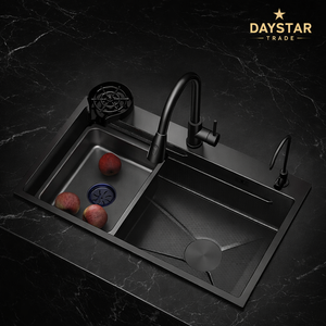 Évier de cuisine rectangulaire Daystar Trade moderne à encastrer, en acier inoxydable brossé, fait main, avec robinet noir, épaisseur 0,6 mm - Product Image 2