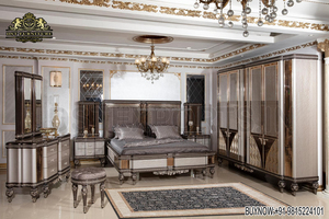 Double lit doré de luxe avec tabouret latéraux, sculpté à la main, plusieurs tailles, Style Regal, 6 pièces - Product Image 2