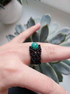 Green Onyx Macrame <b>Ring</b> Handmade Adjustable Black Cord Boho Gemstone <b>Statement</b> <b>Ring</b> for Women - Product Image 4