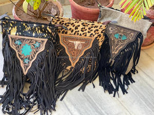 Nuevo superventas cuero mecanizado a mano mujeres occidentales bandolera monedero pelo en piel de vaca flecos ocultar llevar bolso Buck Stitch monedero - Product Image 3