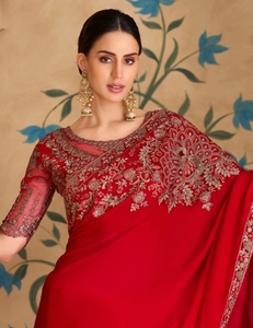 KV Women's Embroidered Embellished Wrinkle-Free Bollywood Designer Satin <b>Saree</b> with Unstitched Blouse (<b>Red</b>) Autumn - Product Image 1