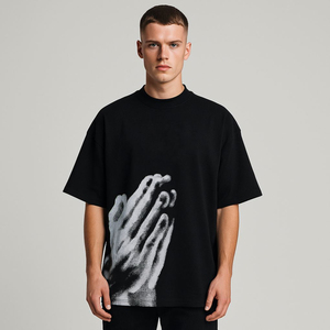 Men's <b>Black</b> Short Sleeve <b>T</b>-<b>Shirt</b> With Hand Print Casual Style 100% Cotton Jersey Fabric Breathable Knitted Regular Fit - Product Image 1