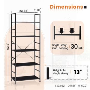 Libreria Moderna Stretta a 5 Ripiani in Rovere, Autoportante, Capacità 13,6 kg per Ripiano, per Soggiorno e Ufficio - Product Image 2