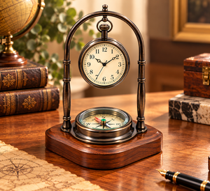 Horloge de bureau nautique vintage avec boussole, horloge murale antique en métal sur base en bois, décoration de bureau maritime de luxe, classique - Product Image 4