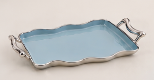 Plateau de service rectangulaire moderne en métal émaillé bleu avec poignées ondulées uniques, décoration esthétique pour la maison, centre de table, vaisselle - Product Image 5