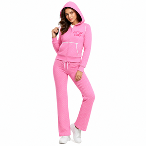 Custom Logo Women Pink <b>Rhinestone</b> Full Zip Sweatshirt Long Pants 2 Piece Tracksuit Set Casual Sportswear Fleece Material - Product Image 1