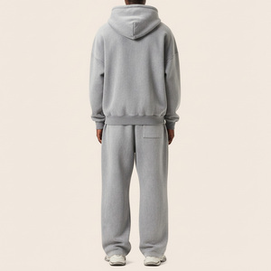 Ensemble de survêtement à capuche pour homme, gris uni, fermeture éclair intégrale, coupe ample, tenue décontractée avec logo personnalisé imprimé, poche avant, saison automne - Product Image 5