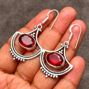 ต่างหูทำมือประดับโกเมนสีแดง เงินแท้ 925 เครื่องประดับพลอยธรรมชาติ ต่างหูหินสีแดงสำหรับผู้หญิง ของขวัญ - Product Image 3