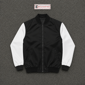 Veste universitaire en satin noir et blanc sur mesure pour homme, qualité supérieure, style bomber baseball avec manches contrastées, fermeture éclair intégrale. - Product Image 5