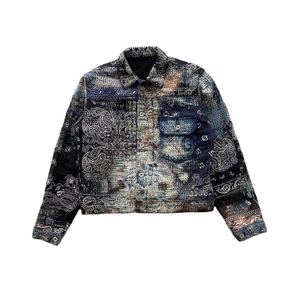 Wholesale Men's Casual Slim Fit Denim Jacket Spring Fashion with Stand Collar Paisley Print Washed Patchwork Men's Jacket - Product Image 1